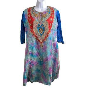 Satguru Women's Blue Tie Dye Dress Est. Size M Silk Traditional Boho Kurta Tunic